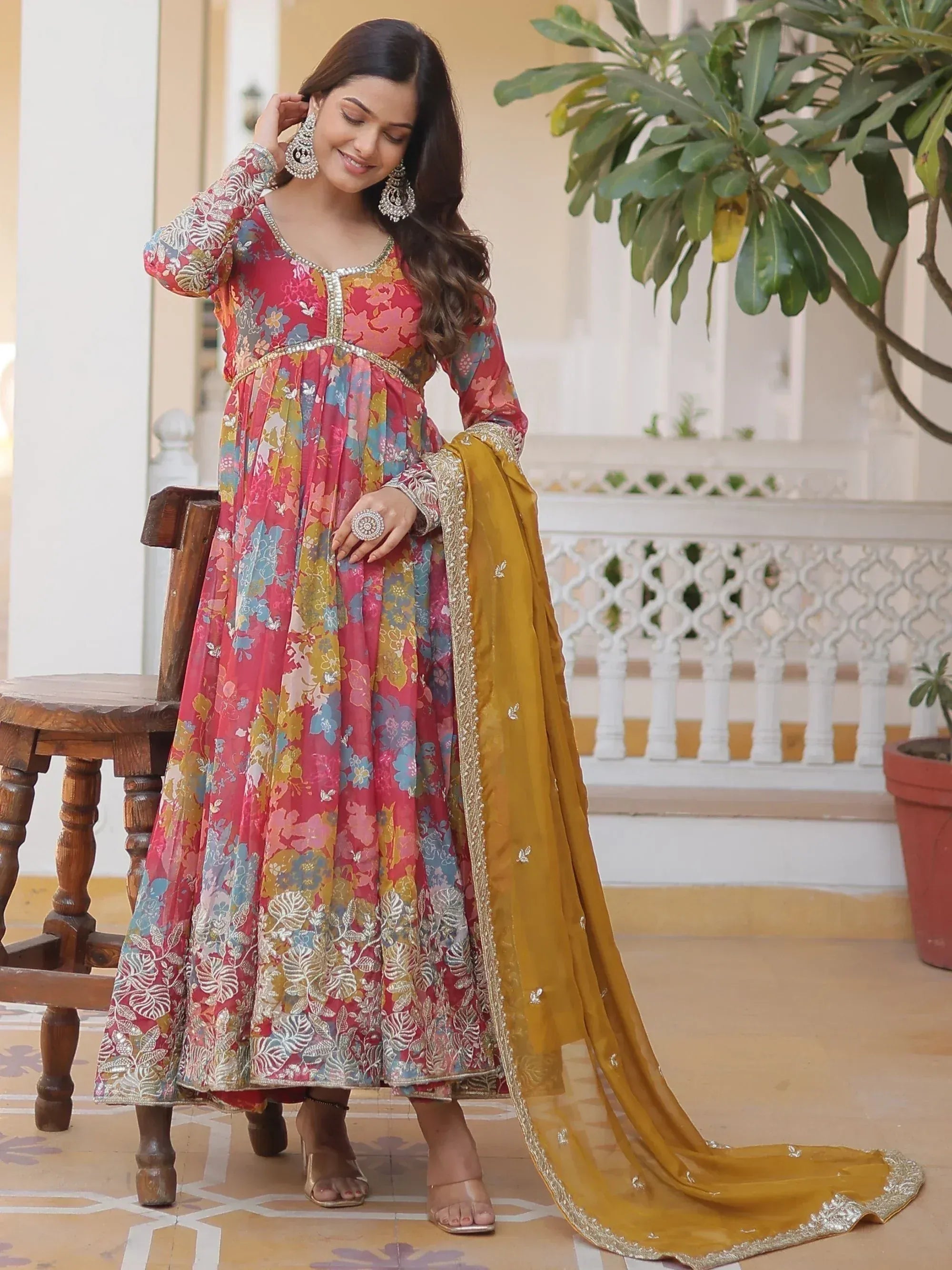 Floral printed ethnic anarkali suit with gold dupatta, perfect for Indian weddings and festive occasions