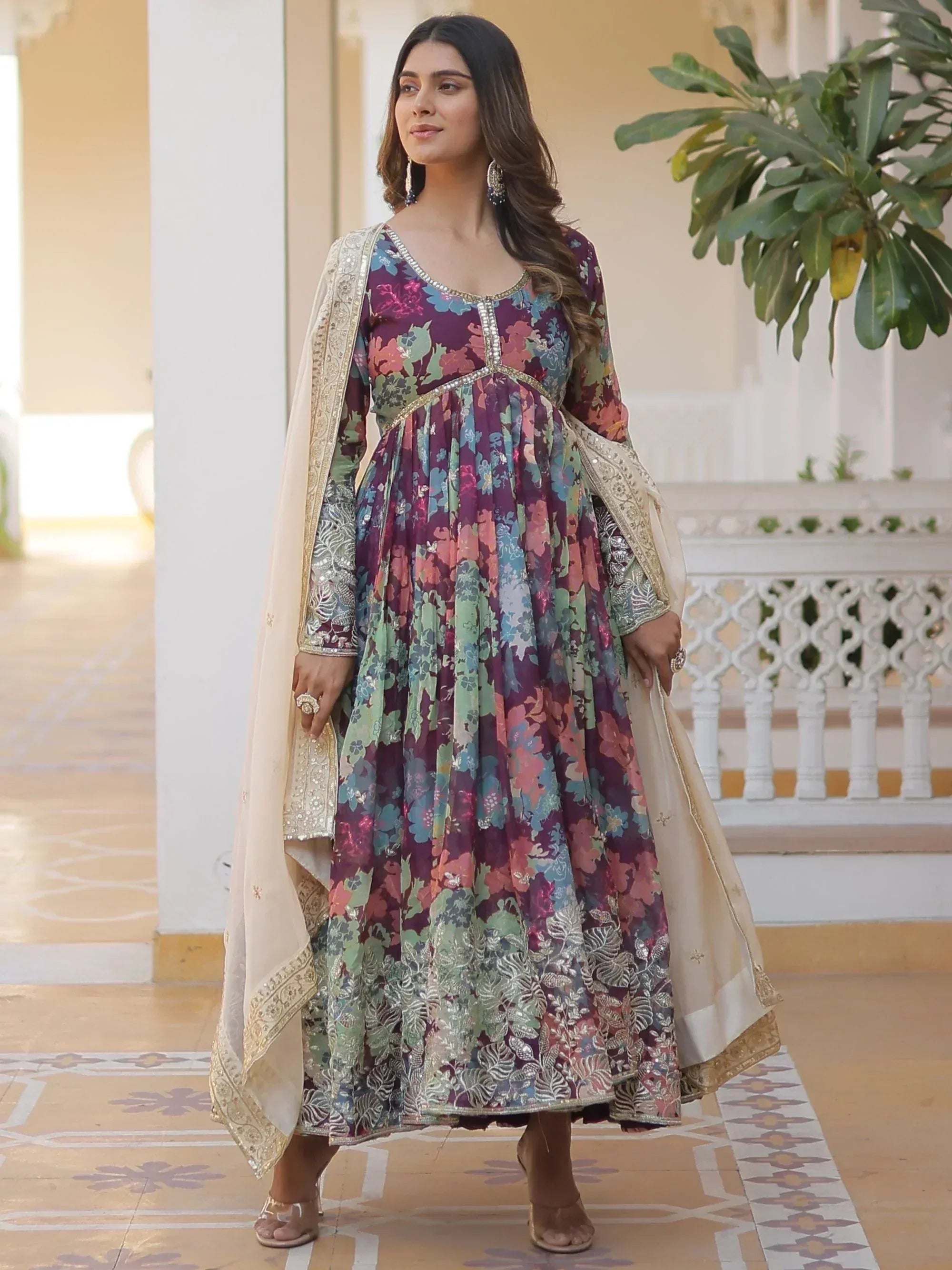 Floral print ethnic anarkali gown with embroidered dupatta, perfect for Indian occasions and weddings