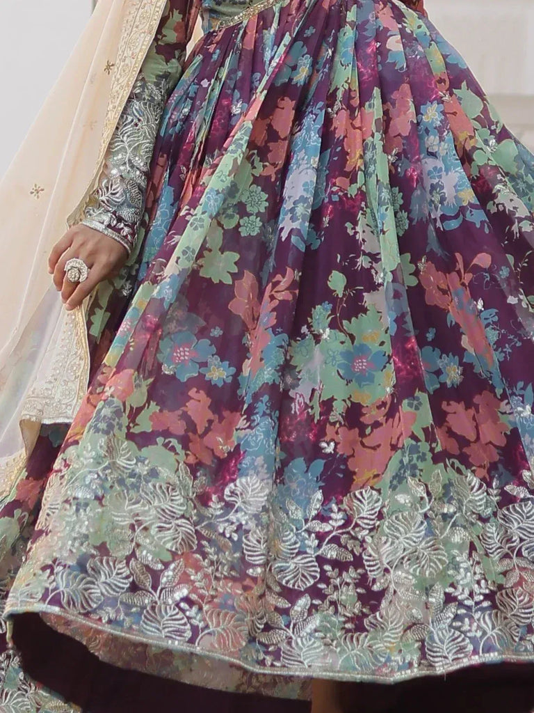 Floral printed lehenga choli with silver embroidery, ethnic Indian wear for weddings and festivals