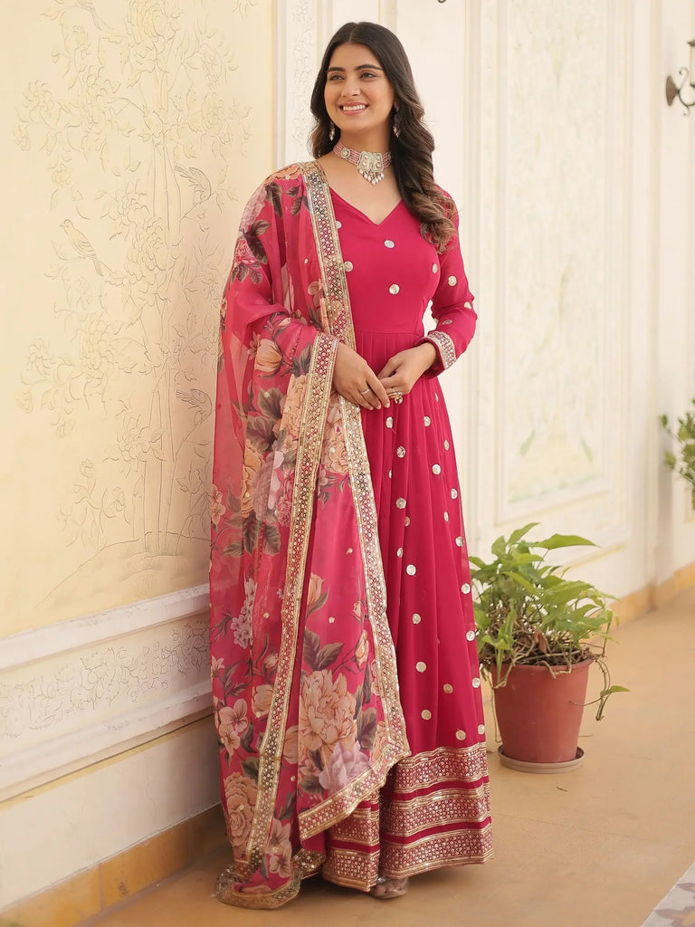 Fascinating Rani Pink Embroidered Georgette Event Wear Gown