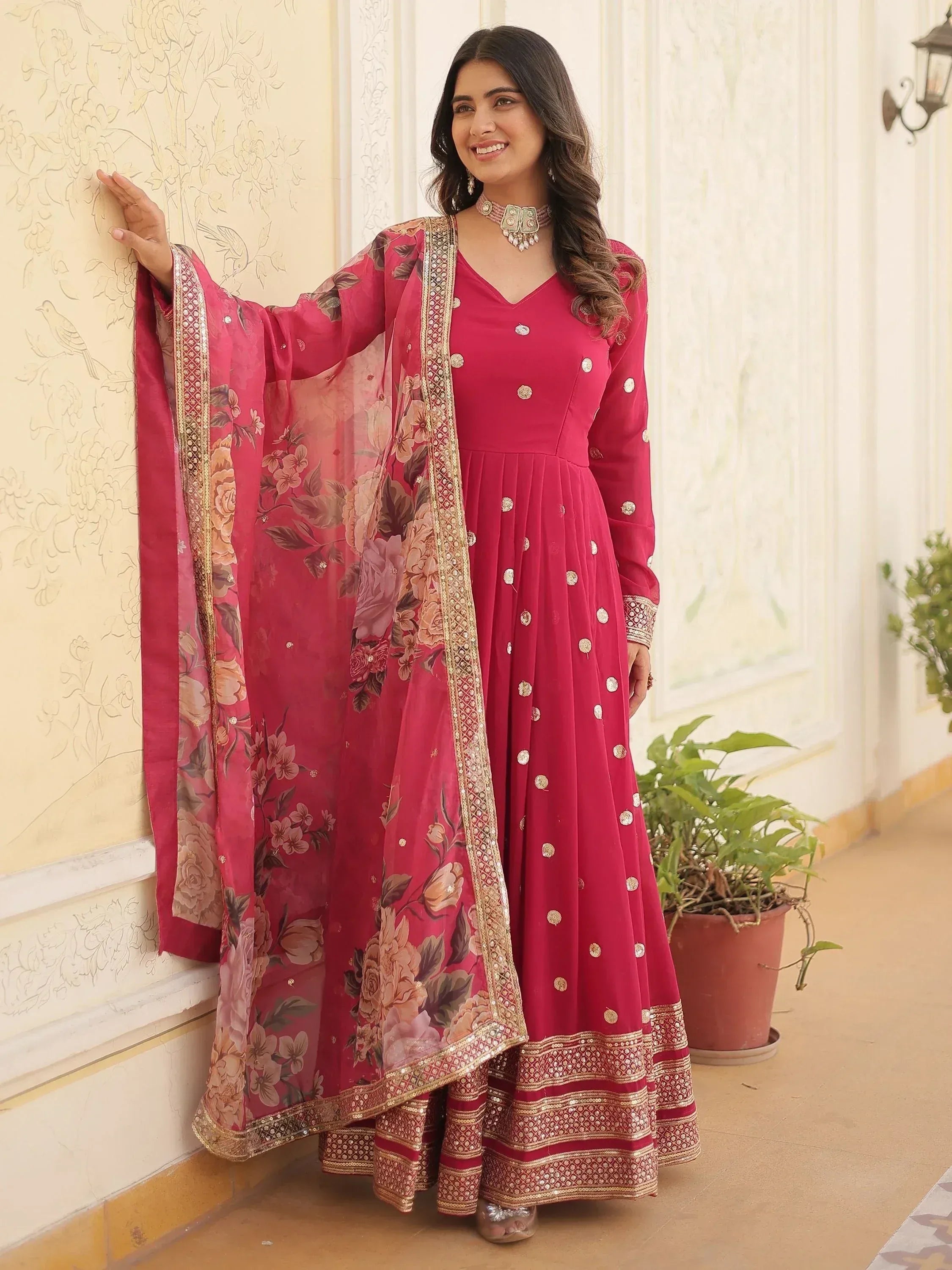 Pink floral anarkali suit with gold embroidery and matching dupatta, Indian ethnic wear