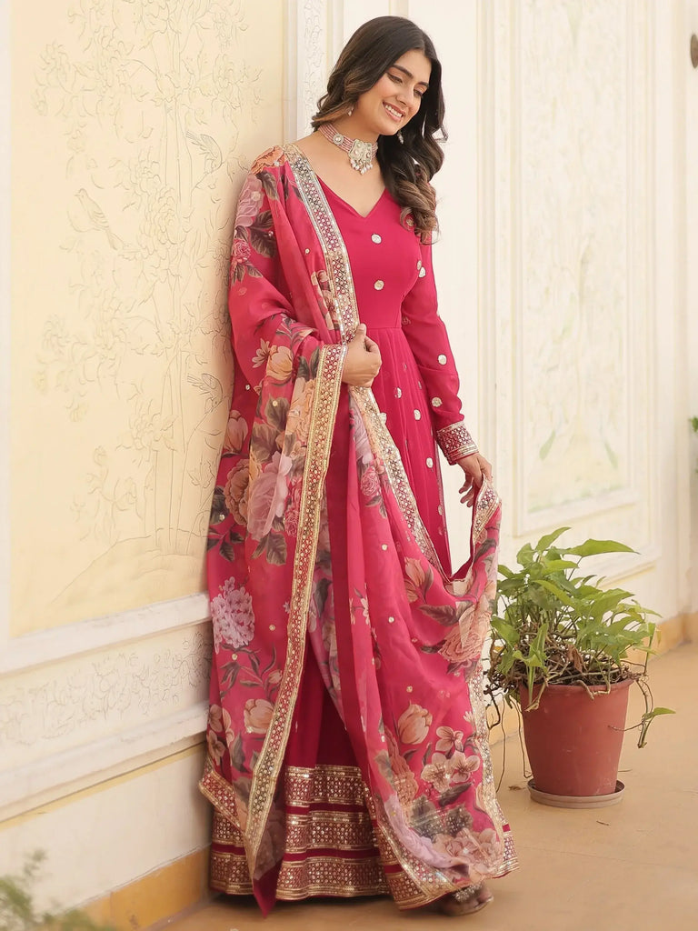 Fascinating Rani Pink Embroidered Georgette Event Wear Gown