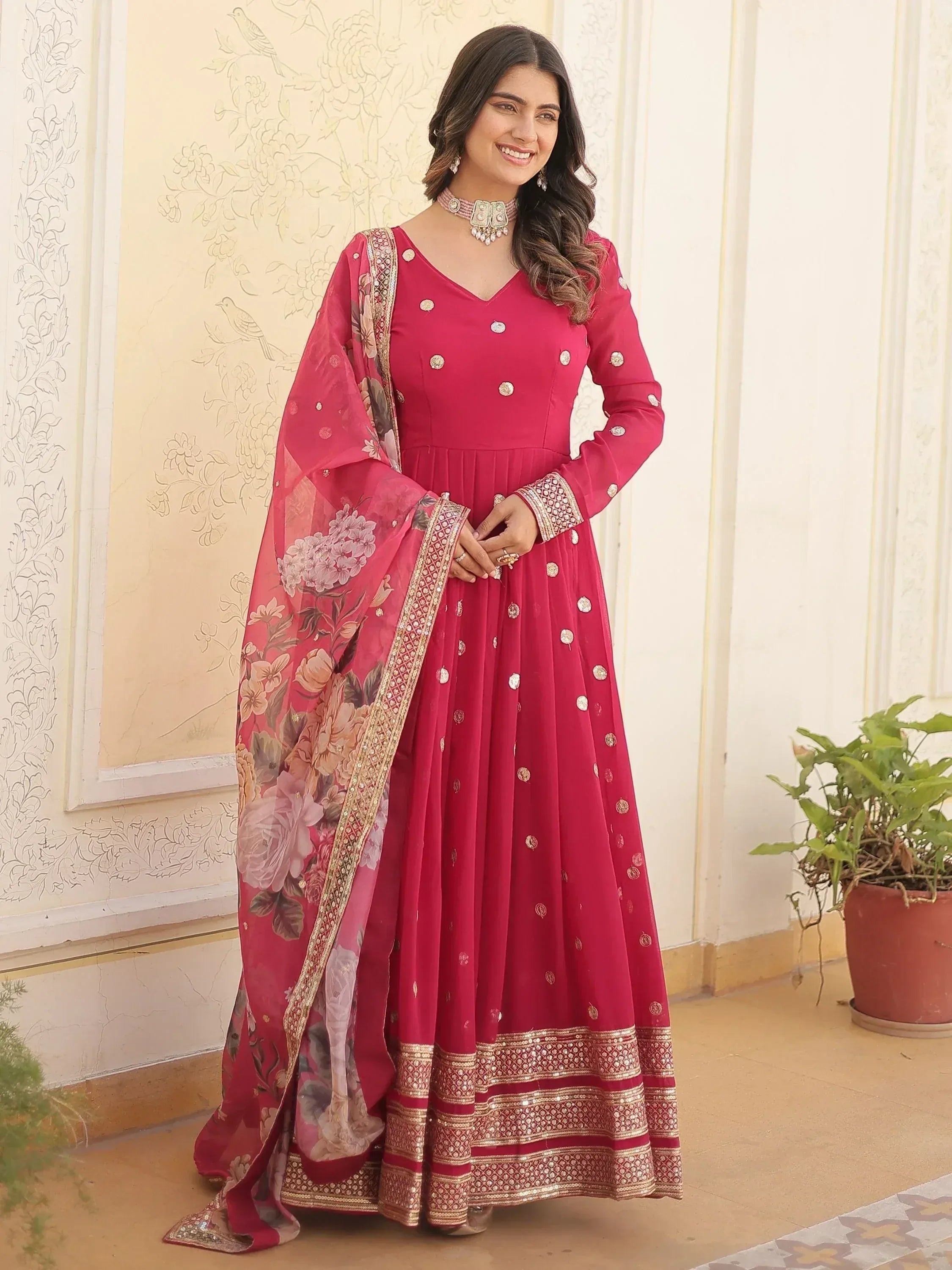 Pink embroidered anarkali with floral dupatta, ethnic Indian wear for women
