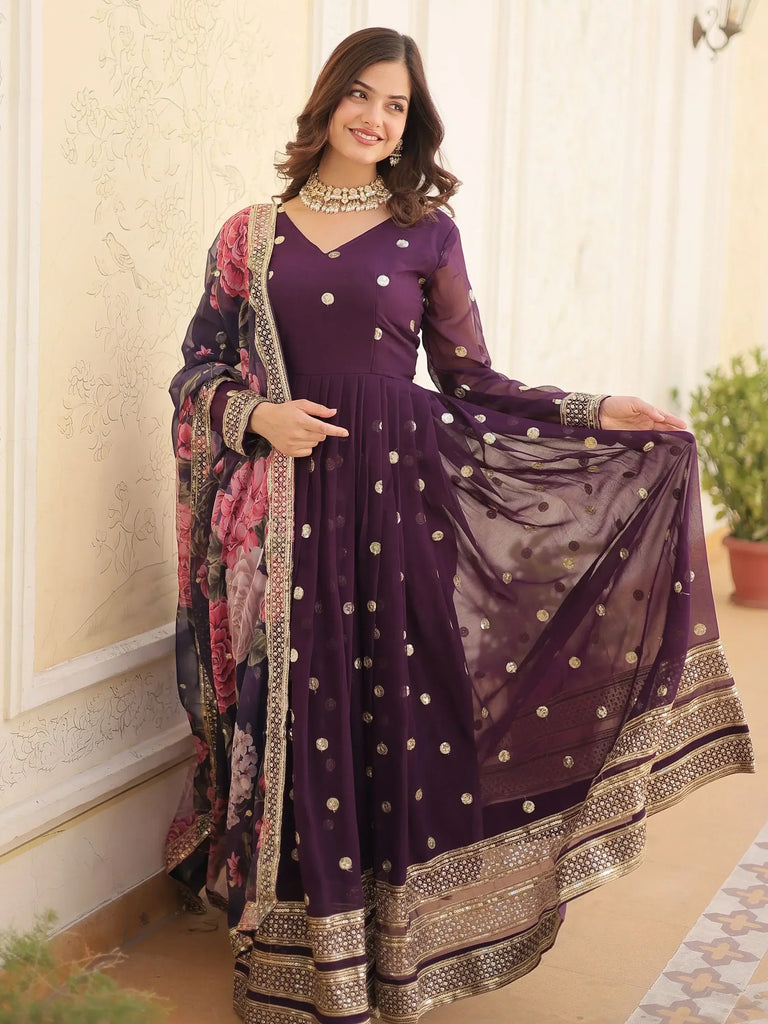 Mesmerizing Purple Embroidered Georgette Function Wear Gown