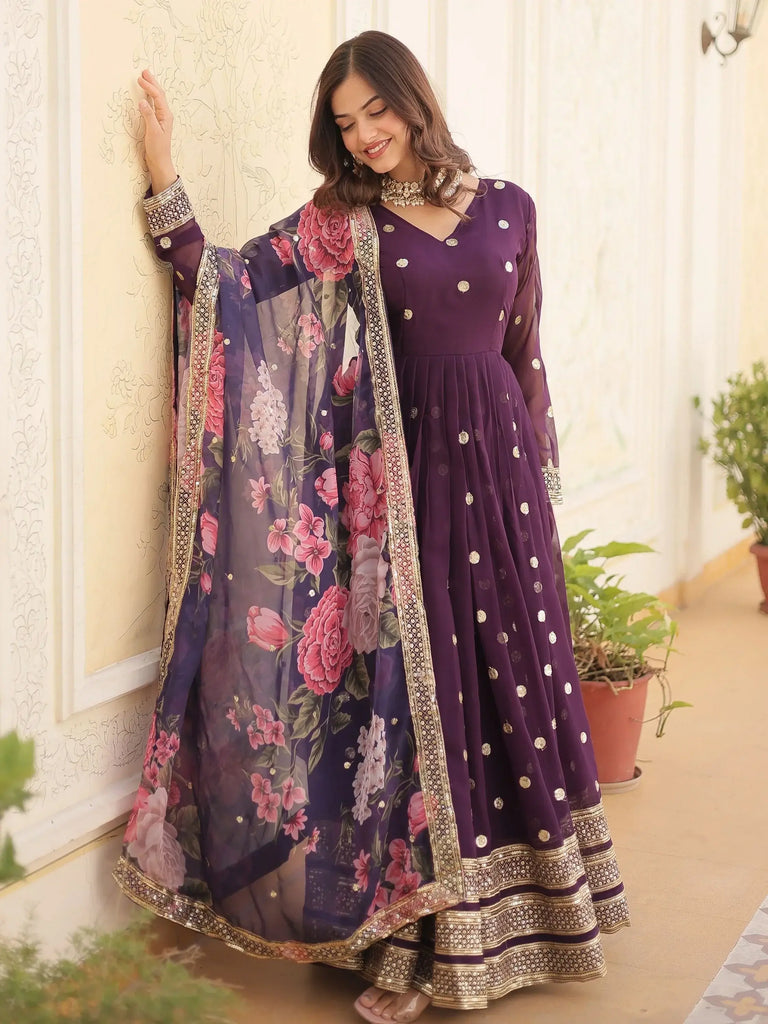 Mesmerizing Purple Embroidered Georgette Function Wear Gown