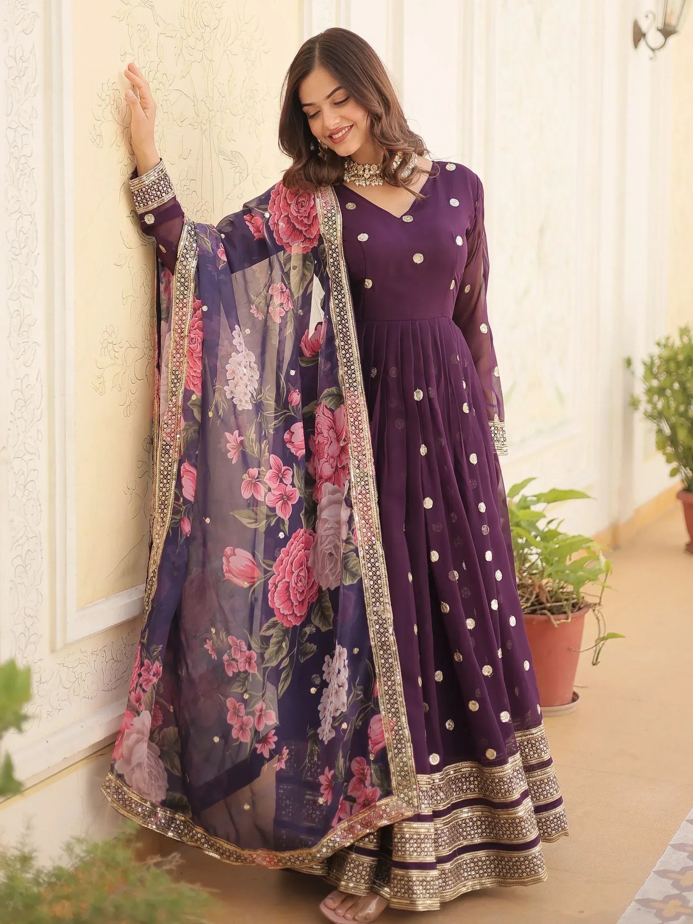 Purple floral anarkali suit with gold embroidery and matching dupatta, Indian ethnic wear