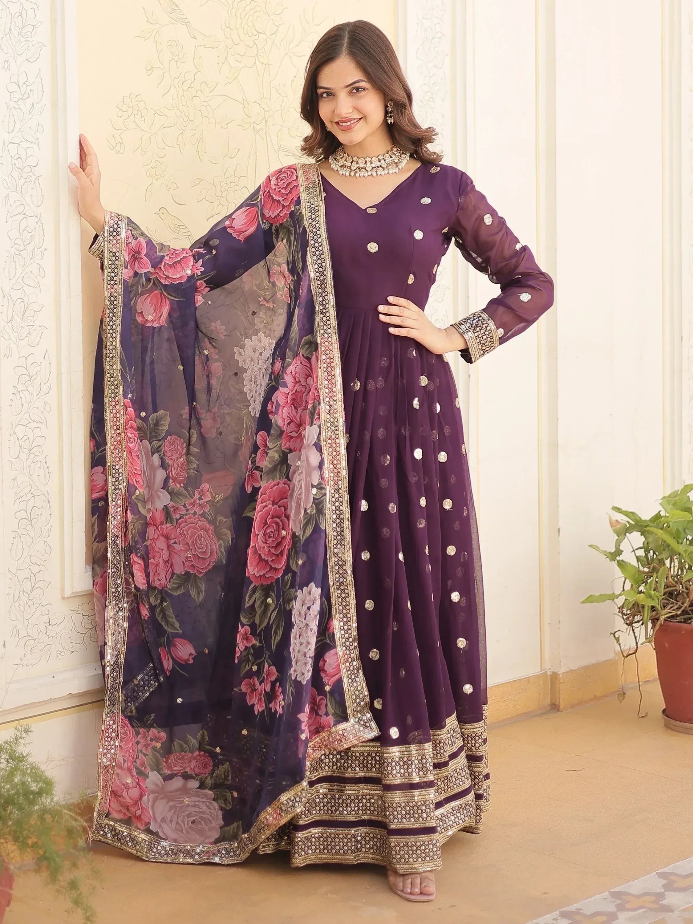 Purple floral print Indian anarkali suit with gold embroidery and dupatta, ethnic wear for women