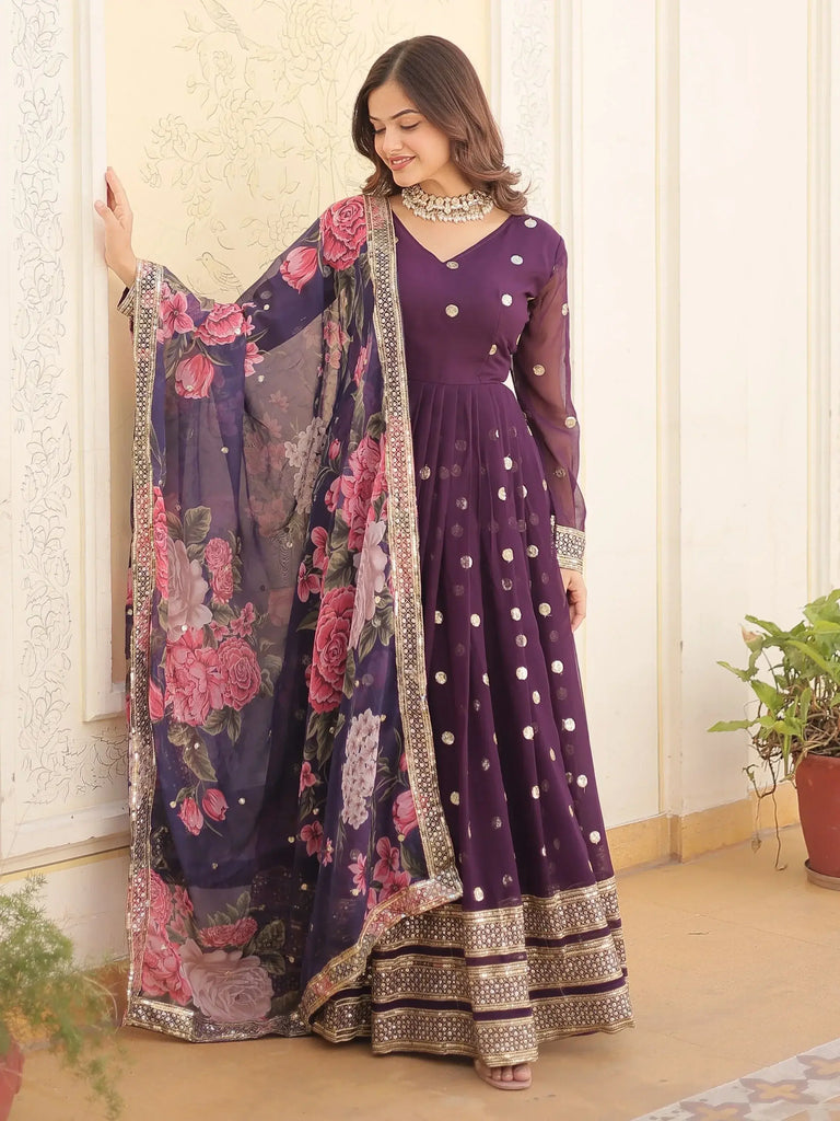 Mesmerizing Purple Embroidered Georgette Function Wear Gown