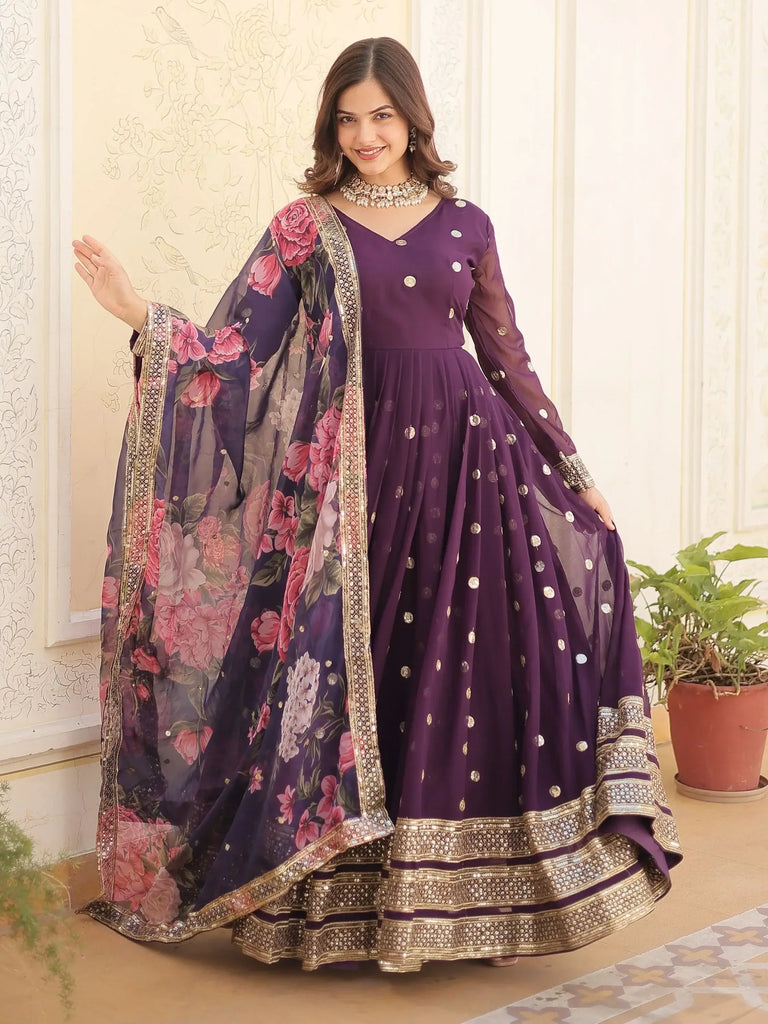 Mesmerizing Purple Embroidered Georgette Function Wear Gown