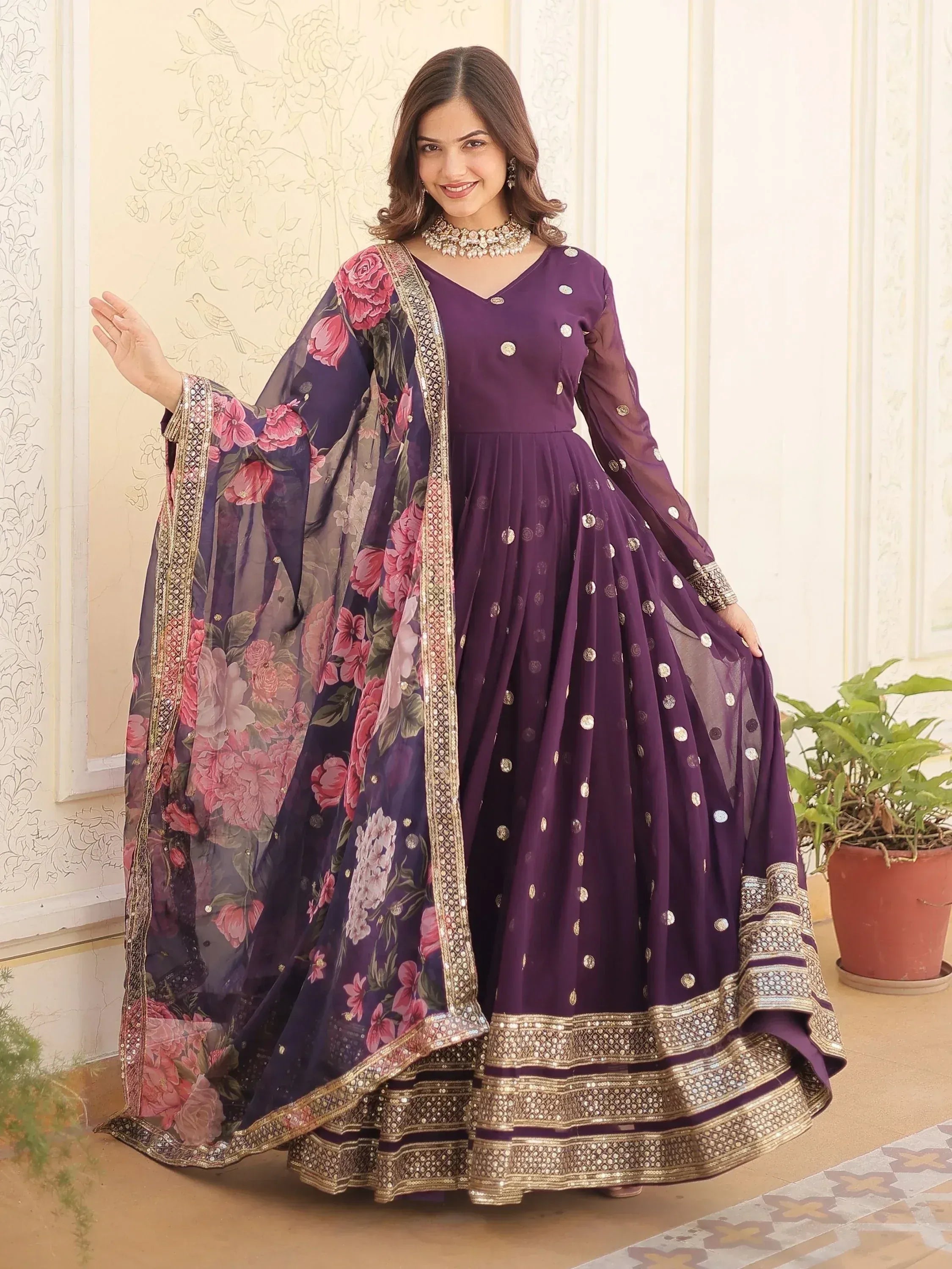 Purple designer anarkali with floral dupatta, perfect for Indian ethnic wear occasions