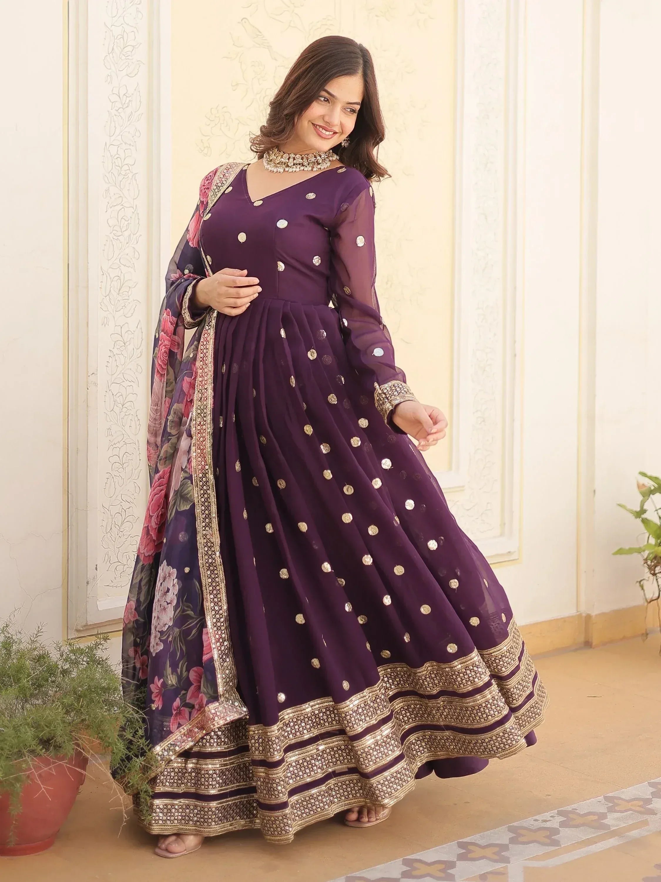Purple ethnic anarkali with gold dot embroidery and floral dupatta, perfect for Indian celebrations