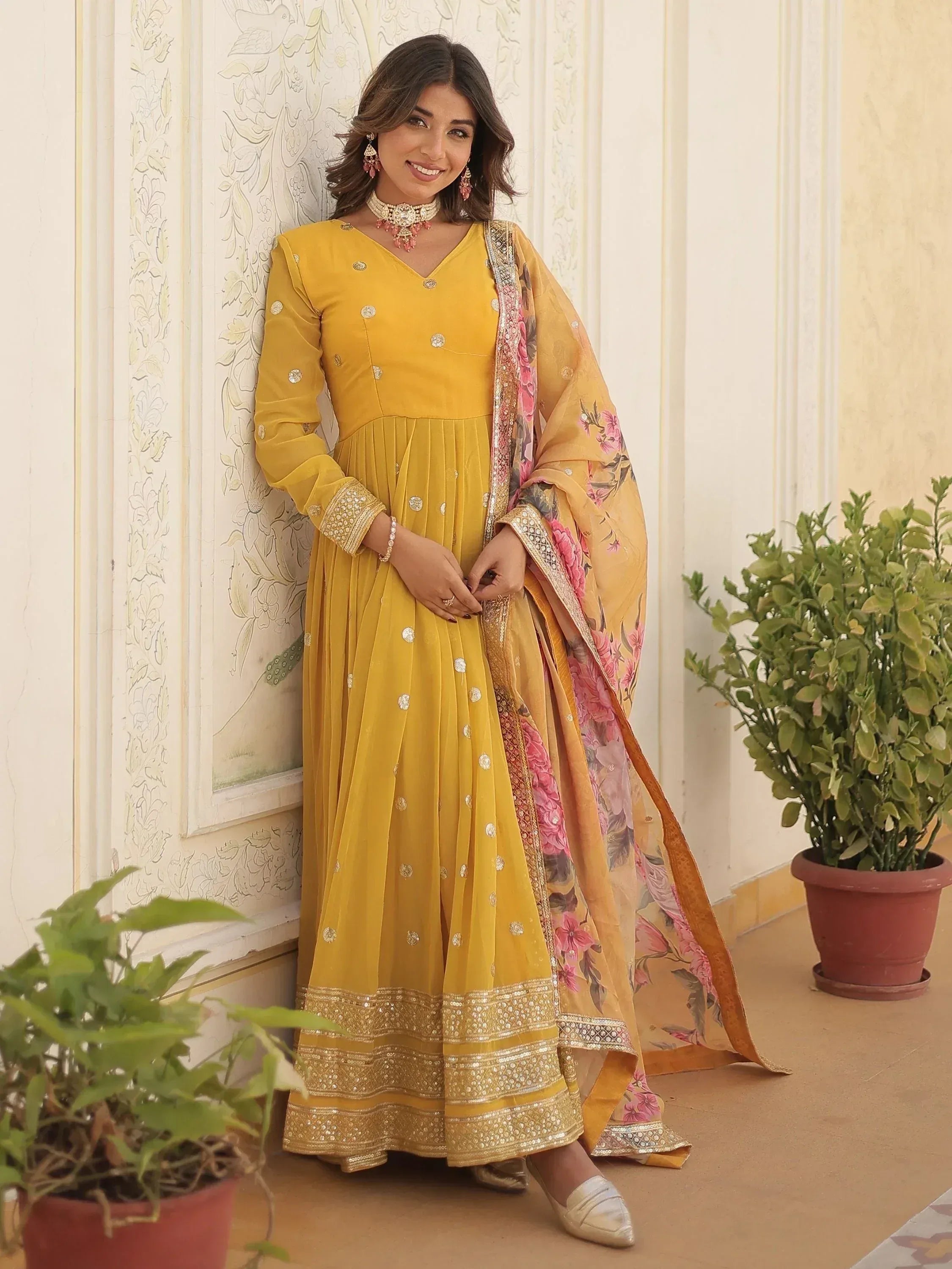 Yellow designer anarkali suit with floral dupatta, ethnic wear for women