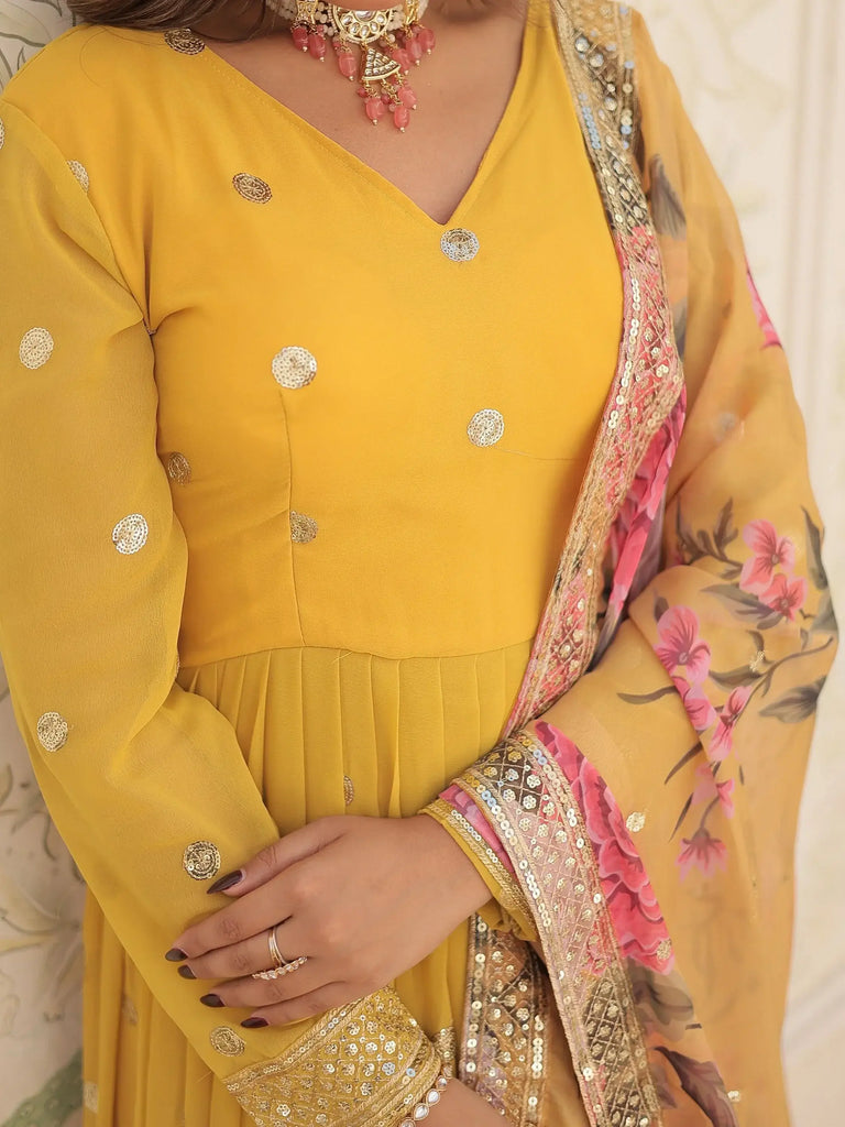 Bewitching Yellow Embroidered Georgette Haldi Wear Gown With Dupatta
