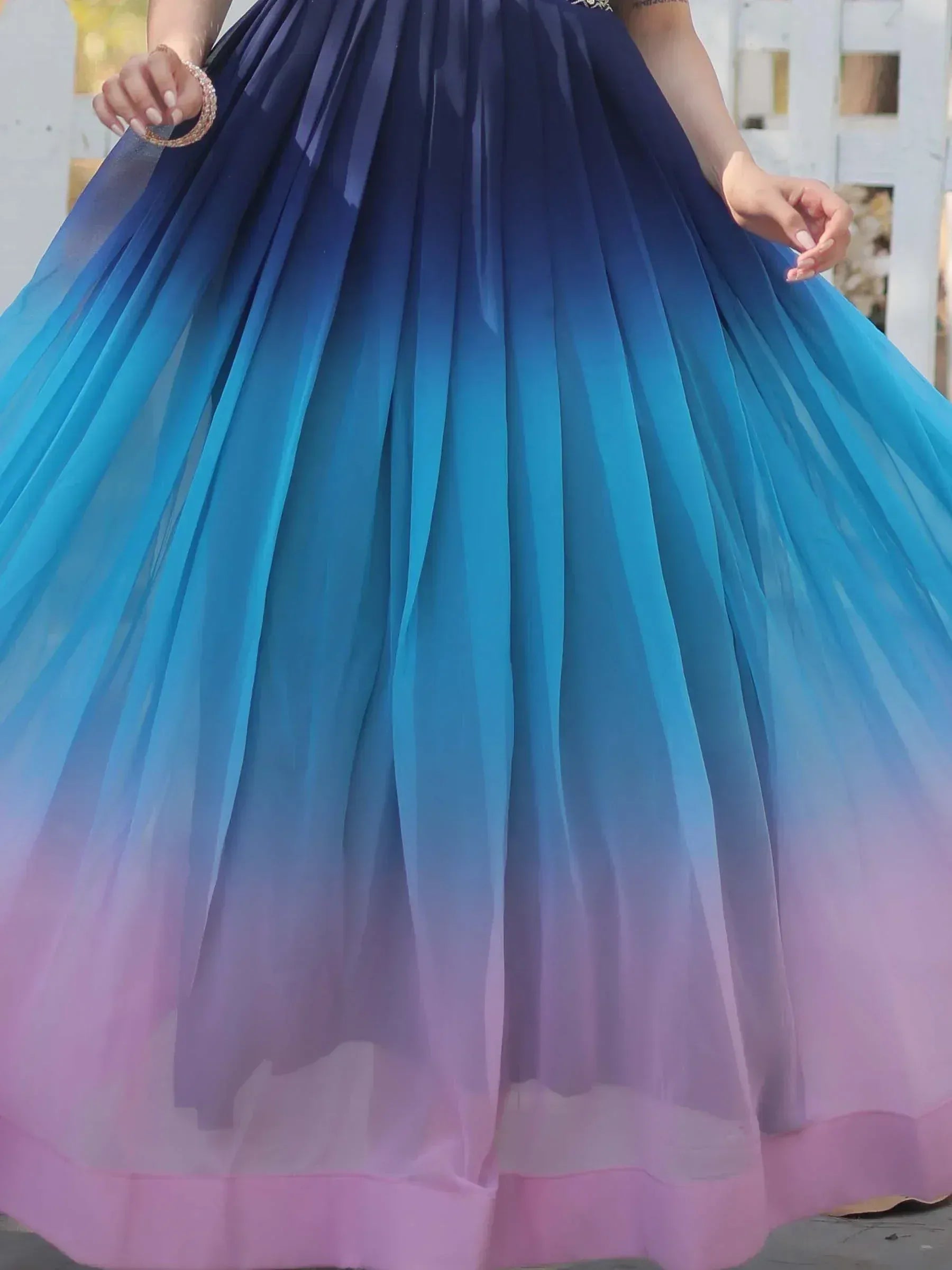Ombre blue to pink pleated ethnic gown skirt, perfect for Indian festive wear