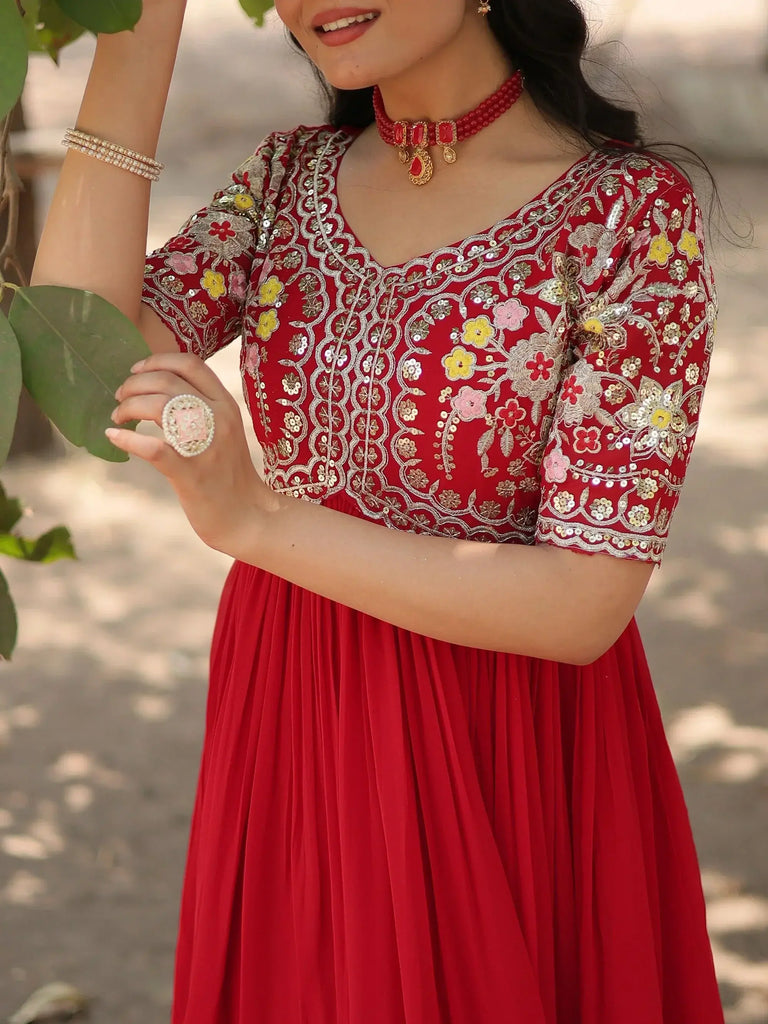 Spectacular Red Thread Embroidered Georgette Reception Wear Gown