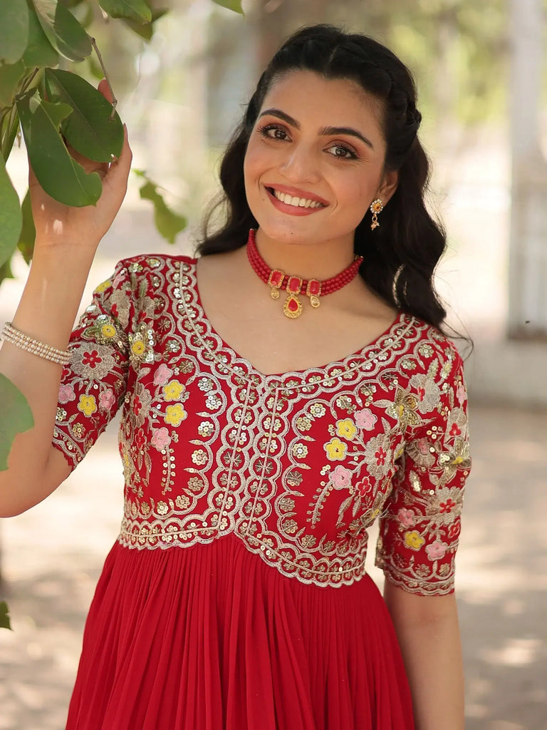 Spectacular Red Thread Embroidered Georgette Reception Wear Gown