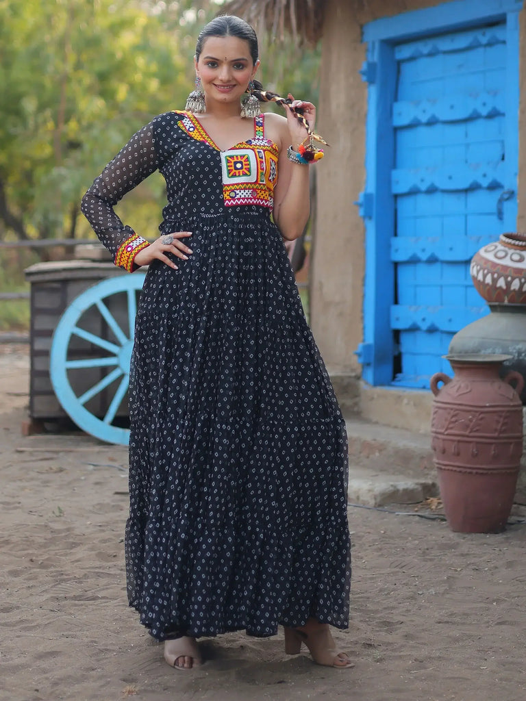 Gorgeous Black Bandhani Printed Georgette Navaratri Wear Long Gown