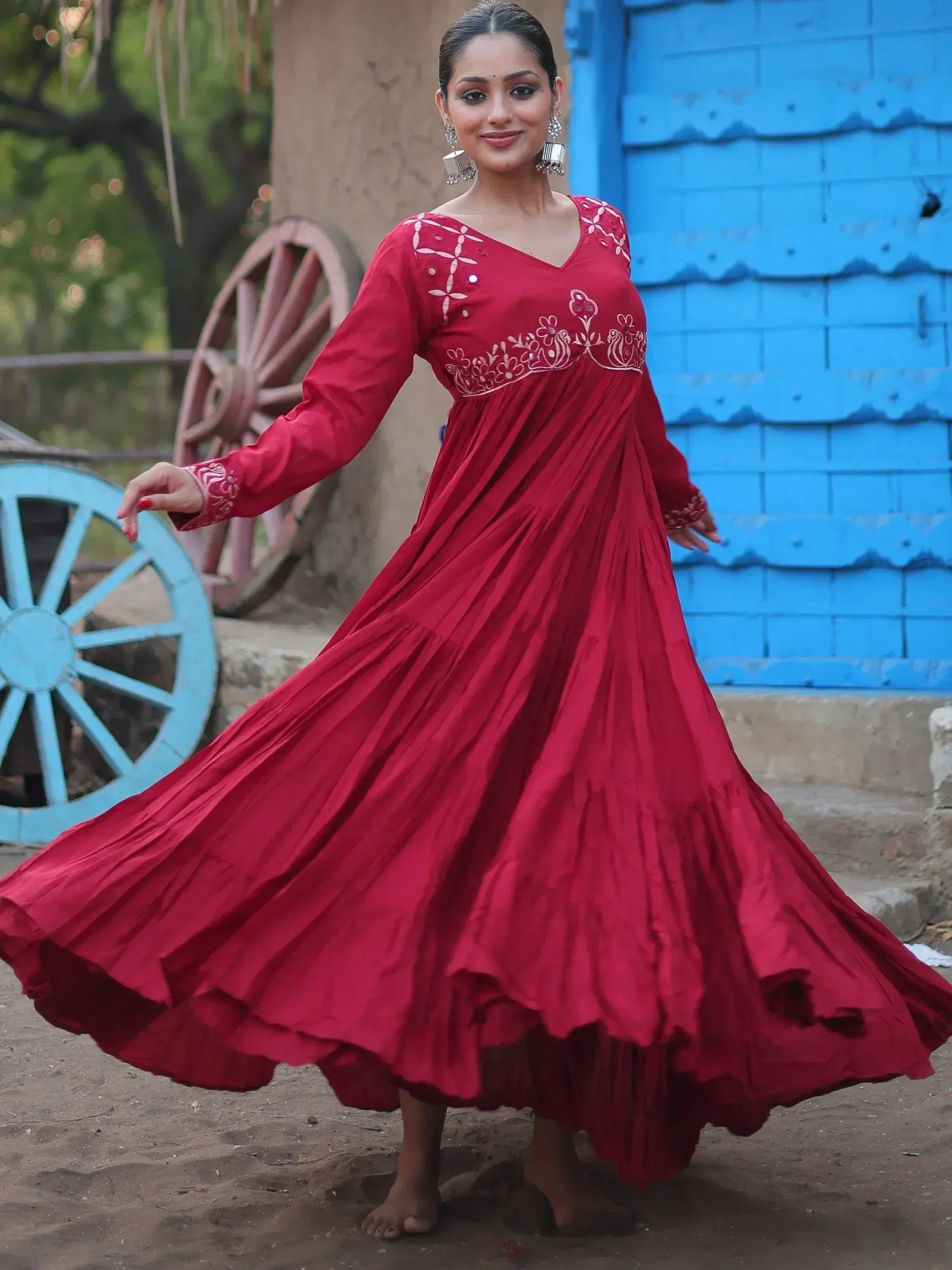 Red ethnic gown with floral embroidery, perfect for Indian festive wear and occasions