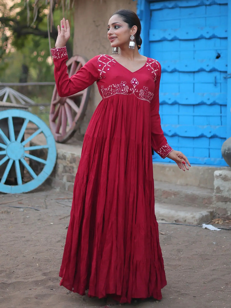 Stunning Maroon Mirror Work Rayon Navratri Wear Gown