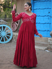 Stunning Maroon Mirror Work Rayon Navratri Wear Gown