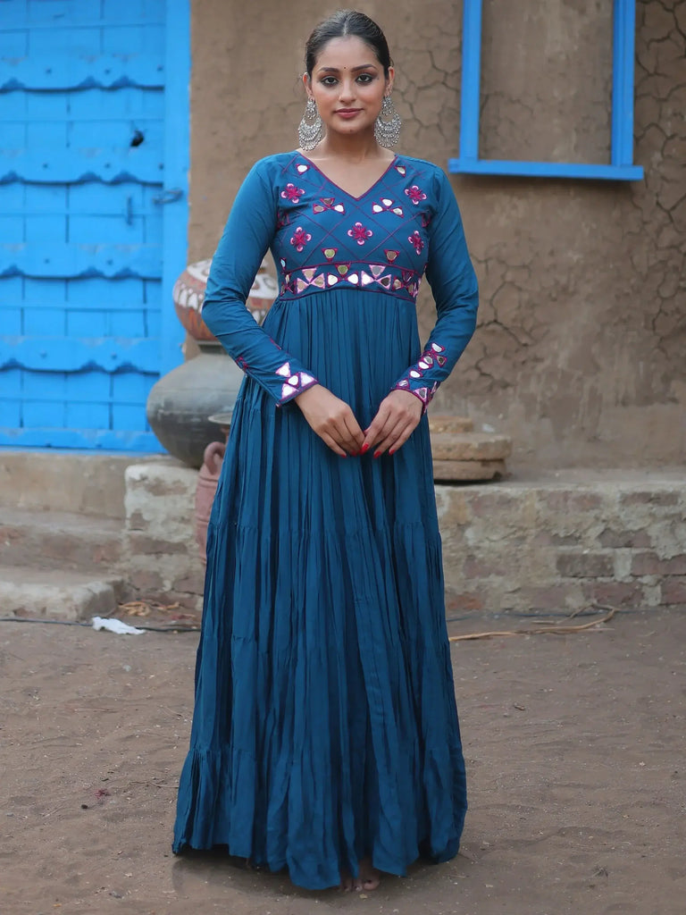 Pretty Blue Color Mirror Work Rayon Navratri Wear Gown