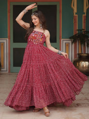 Attractive Maroon Bandhani Printed Georgette Navratri Wear Gown