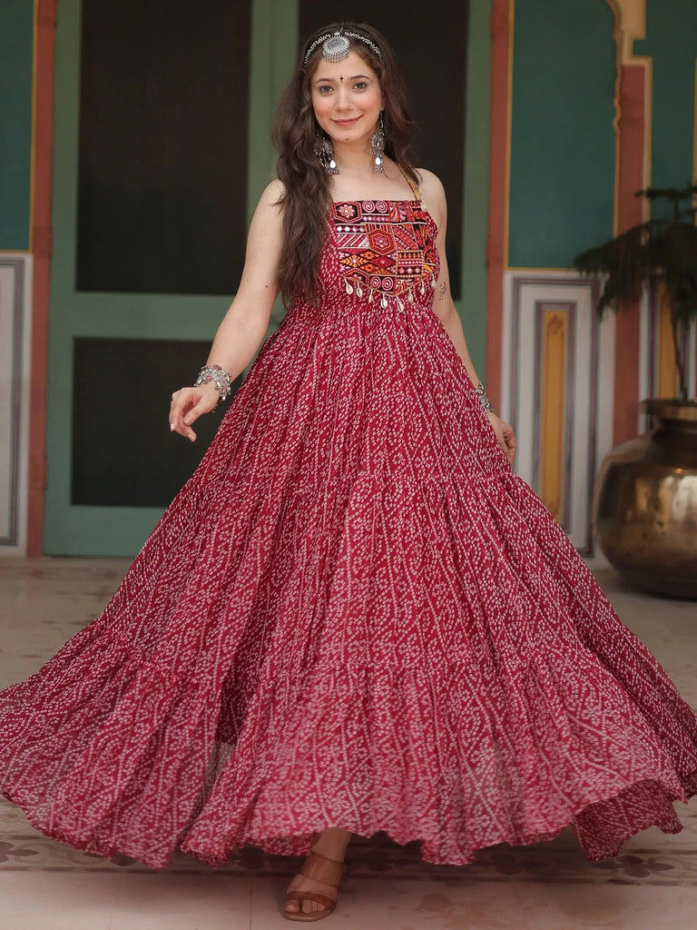 Attractive Maroon Bandhani Printed Georgette Navratri Wear Gown