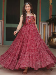 Attractive Maroon Bandhani Printed Georgette Navratri Wear Gown