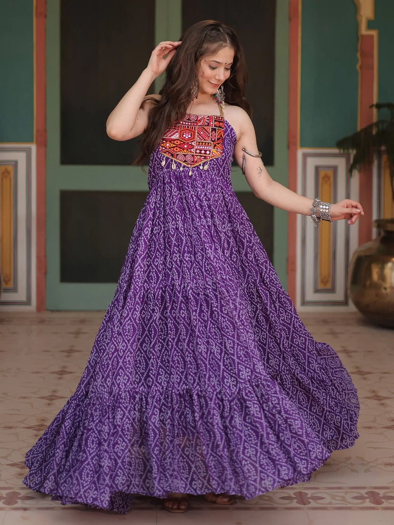 Traditional Purple Bandhani Printed Georgette Navratri Wear Gown