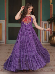 Traditional Purple Bandhani Printed Georgette Navratri Wear Gown