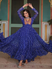 Awesome Blue Color Bandhani Printed Georgette Navratri Wear Gown