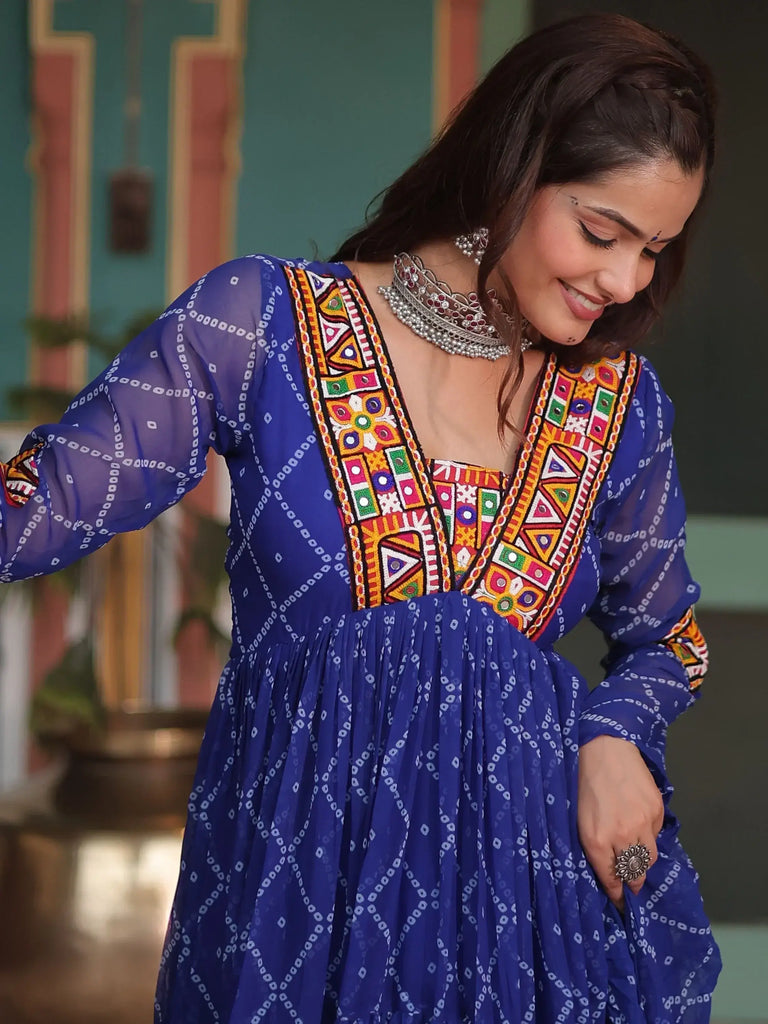 Awesome Blue Color Bandhani Printed Georgette Navratri Wear Gown