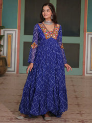 Awesome Blue Color Bandhani Printed Georgette Navratri Wear Gown