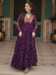 Attractive Wine Color Bandhani Printed Georgette Navratri Wear Gown