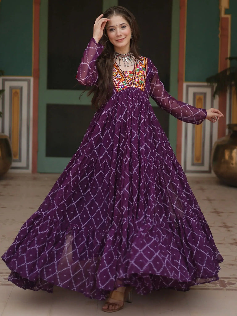 Attractive Wine Color Bandhani Printed Georgette Navratri Wear Gown