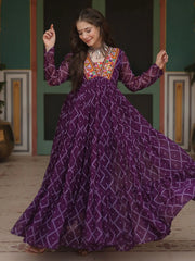 Attractive Wine Color Bandhani Printed Georgette Navratri Wear Gown