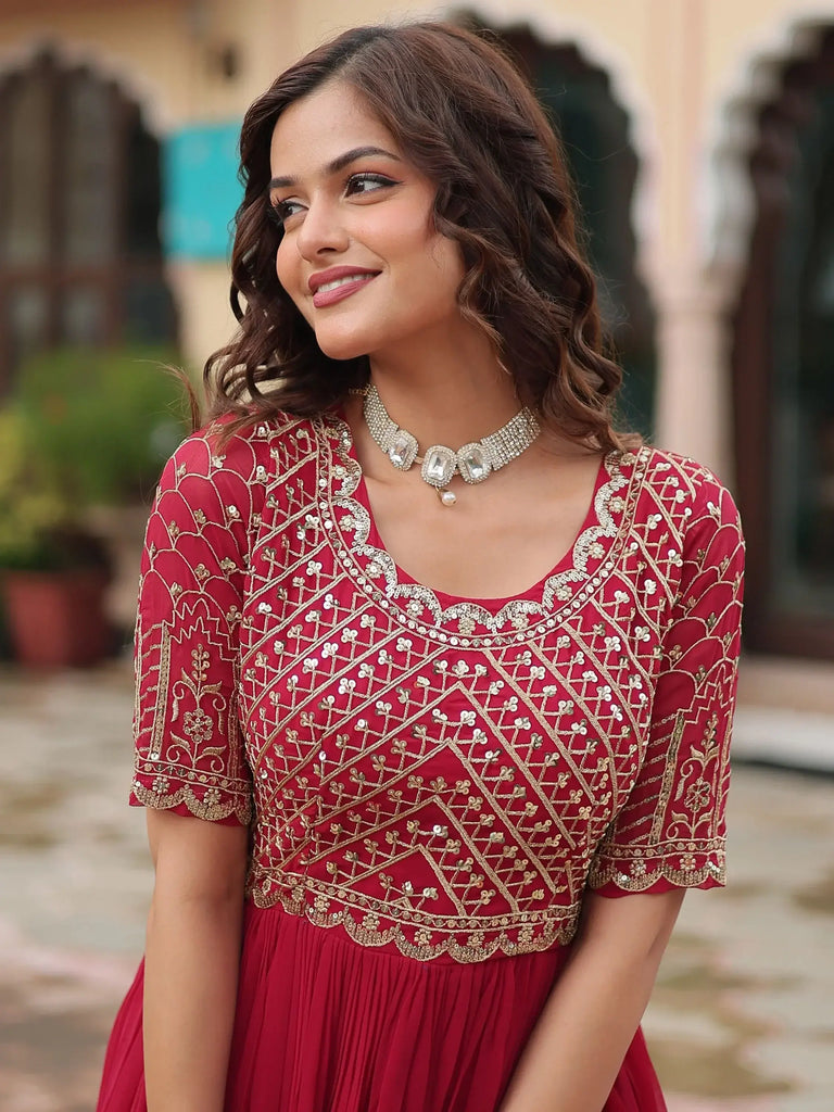 Outstanding Pink Embroidered Georgette Function Wear Gown