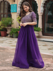 Wonderful Purple Embroidered Georgette Wedding Wear Gown