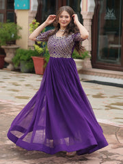 Wonderful Purple Embroidered Georgette Wedding Wear Gown