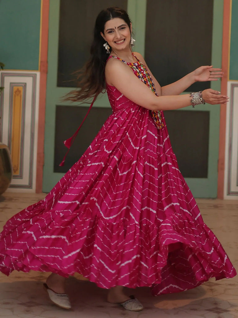 Fantastical Pink Leheriya Printed Chinon Navratri Wear Gown