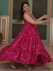Fantastical Pink Leheriya Printed Chinon Navratri Wear Gown