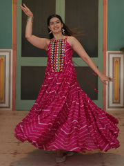 Fantastical Pink Leheriya Printed Chinon Navratri Wear Gown