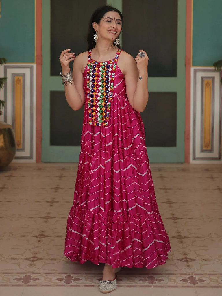 Fantastical Pink Leheriya Printed Chinon Navratri Wear Gown