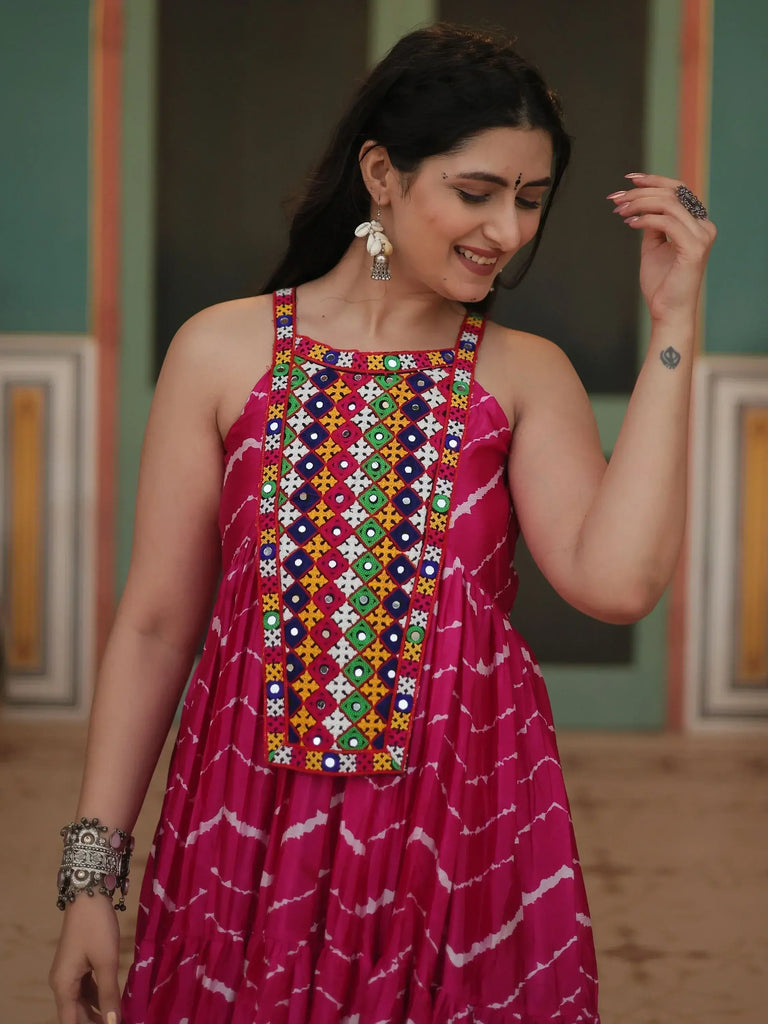 Fantastical Pink Leheriya Printed Chinon Navratri Wear Gown