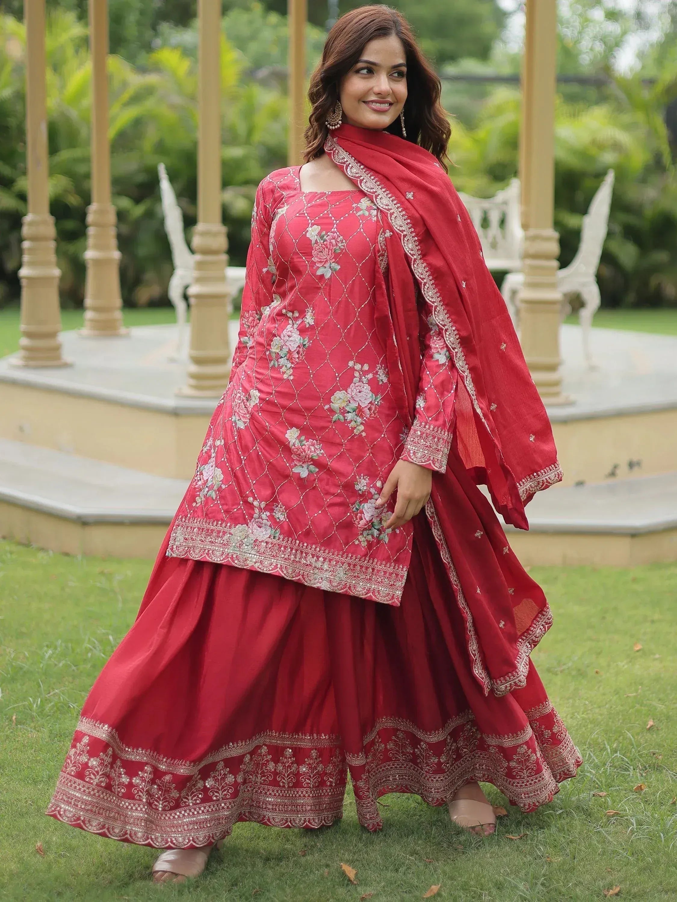Red floral embroidered lehenga choli with dupatta, perfect for Indian ethnic wear occasions