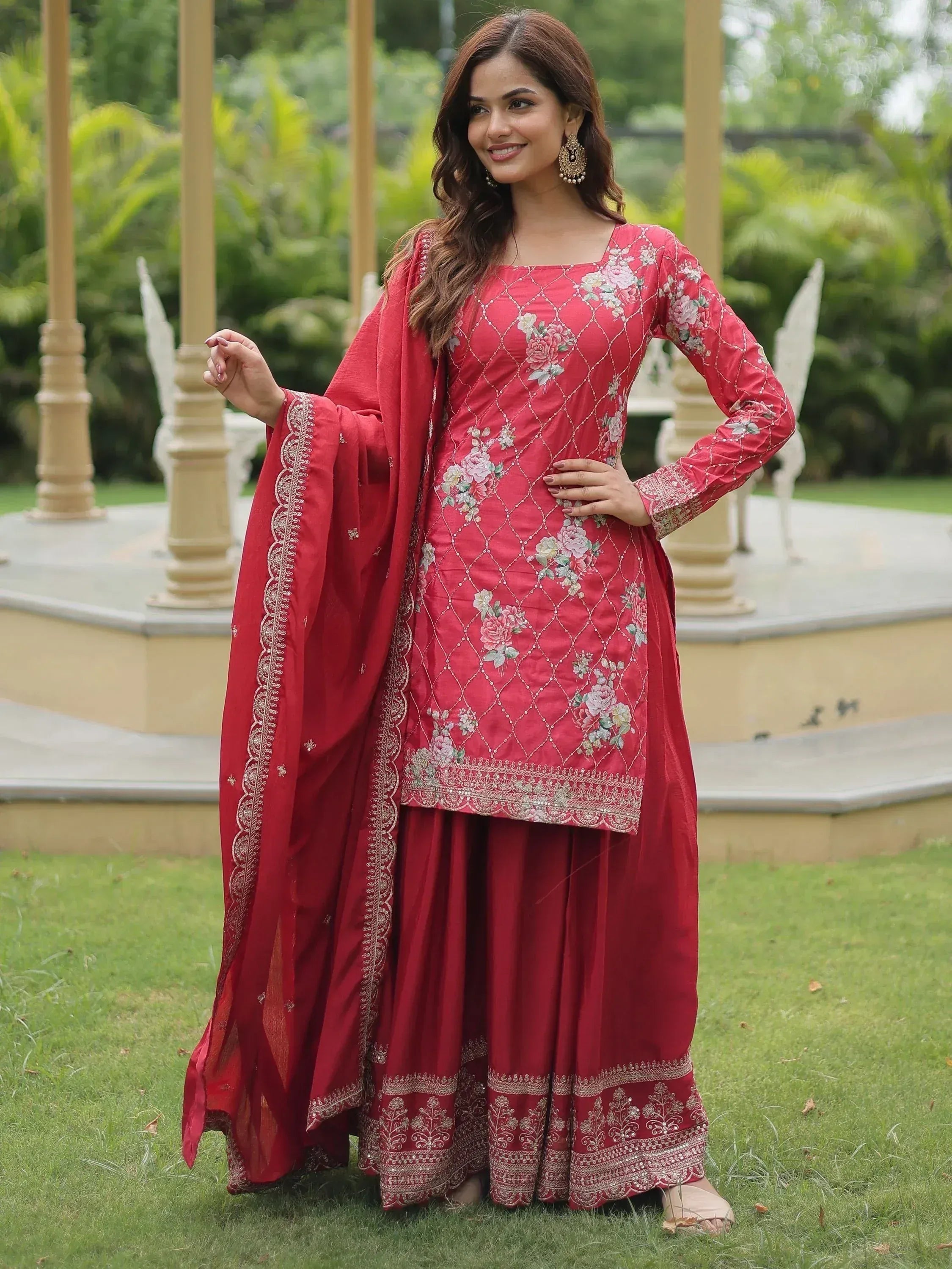 Red floral embroidered salwar kameez with dupatta, perfect for Indian ethnic occasions