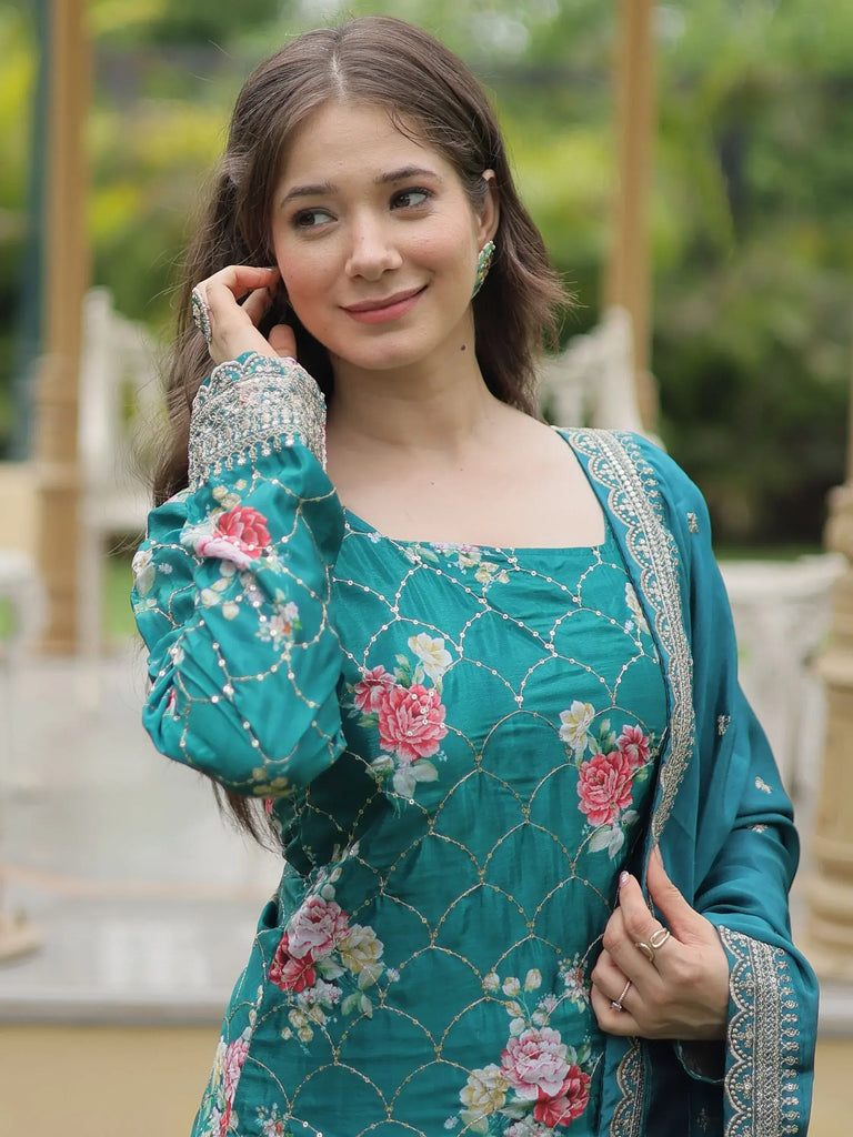 Rocking Teal Blue Sequins Chinon Event Wear Palazzo Suit With Dupatta