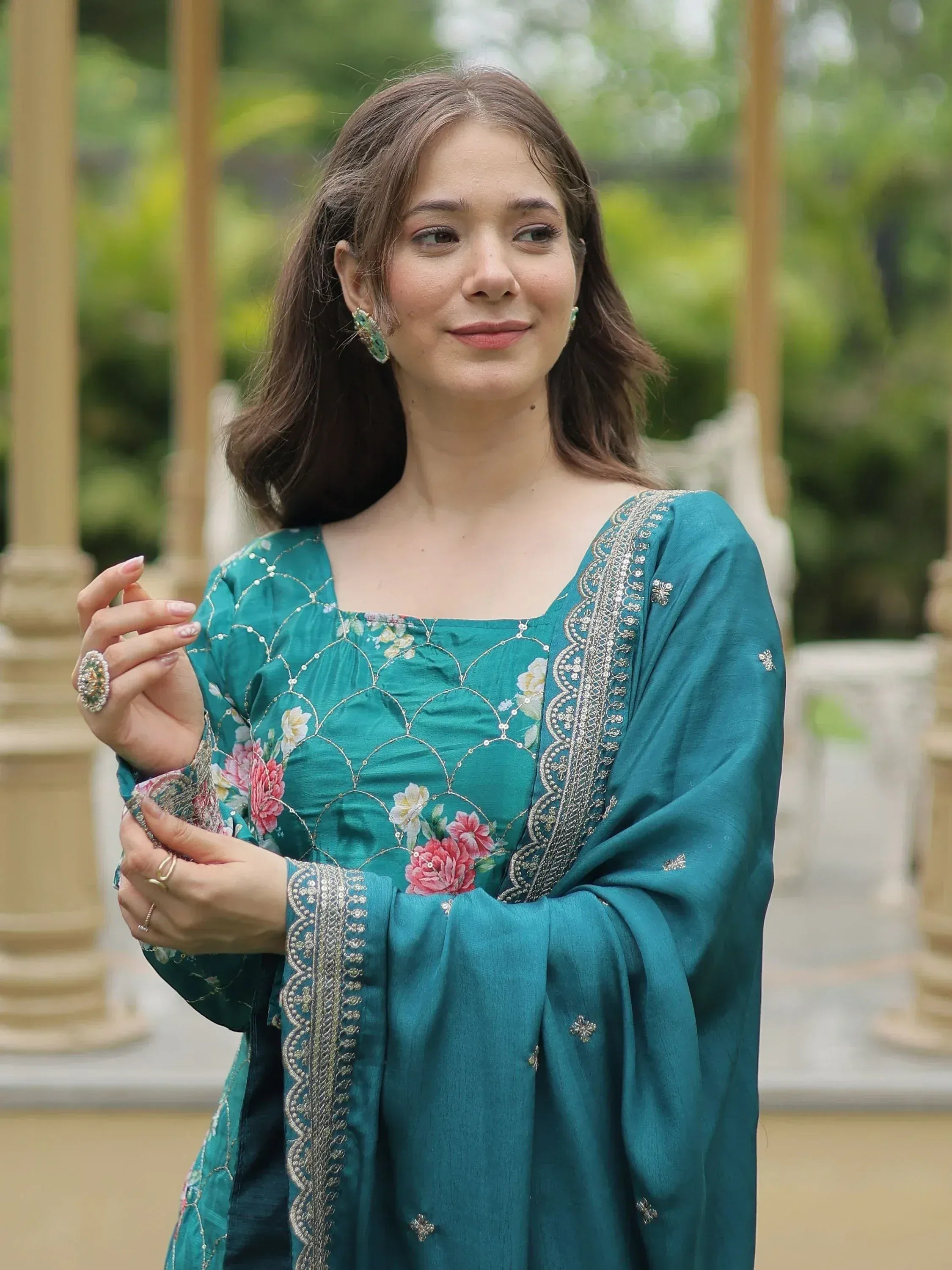 Teal floral embroidered ethnic kurta with silver detailing, perfect for Indian wear occasions