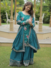 Rocking Teal Blue Sequins Chinon Event Wear Palazzo Suit With Dupatta