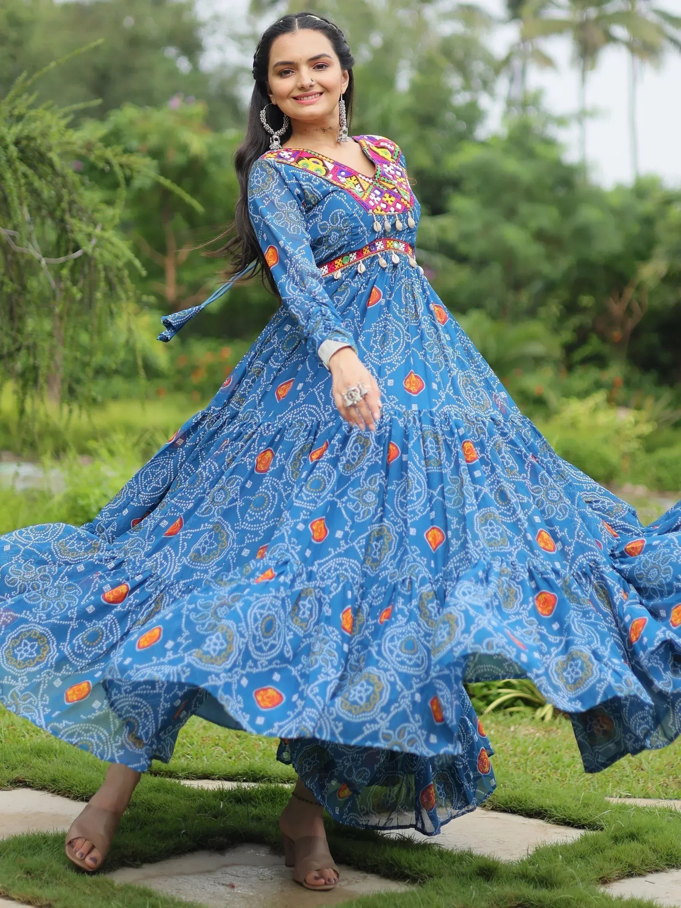 Blue printed ethnic gown with colorful embroidery, perfect for Indian festive wear and occasions